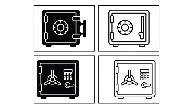 Black and white vector illustration showing various metal safes with digital locks and rotary dials