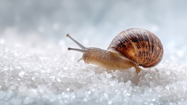 gastropod. A snail moving slowly across a surface of coarse salt crystals in an extreme close-up. wildlife magazines, conservation campaigns, designed for wildlife conservation campaigns.