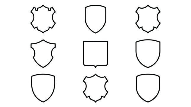 Minimalist black outline vector shield shapes collection set