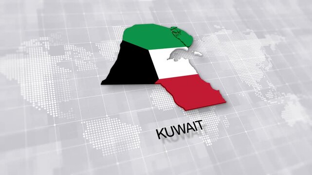 Kuwait map with national flag on minimal digital world map background, global political, geographic border for international news concept with white background