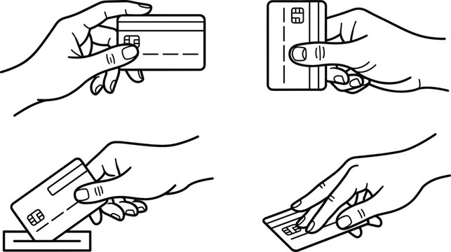 Vector hands holding credit card icons set with insert swipe pay online banking transaction line art illustration