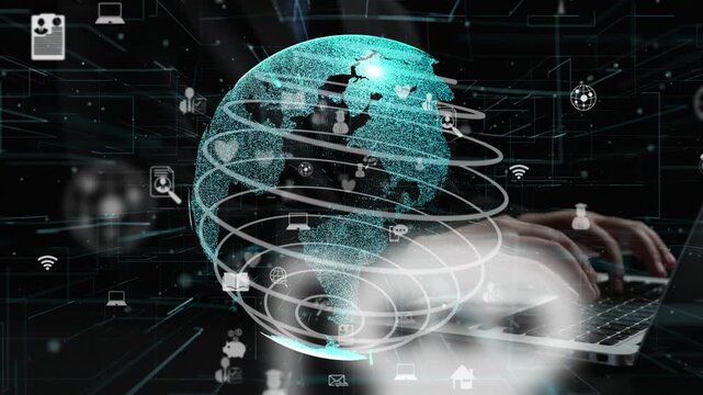 This captivating abstract image features a digital world map encapsulating technology and communication concepts through connected icons in a modern digital space. Xenic
