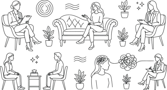 Vector mental health counseling psychology session icon set with therapy therapist patient couch brain tangle line art illustration