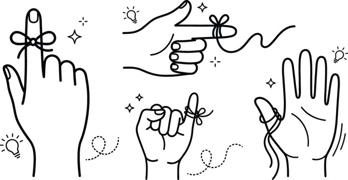 Vector reminder string hand gestures icon set with bow tied on finger memory concept line art illustration