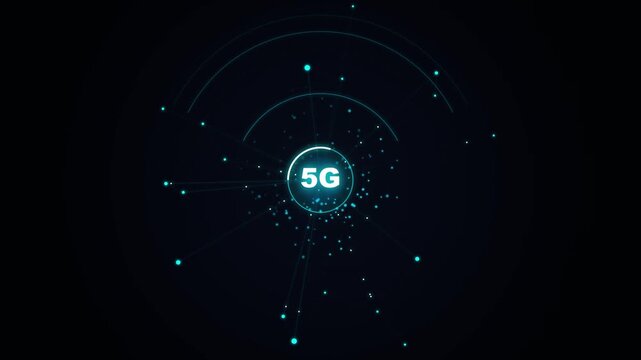Ultra-fast 5G wireless telecommunication network icon radiating high-speed data signals