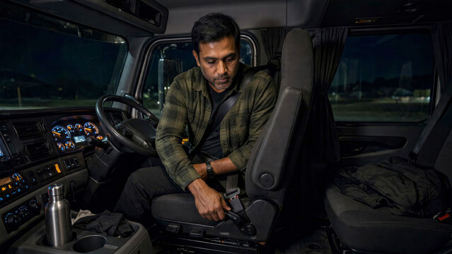 South Asian truck driver adjusting driver seat position inside semi truck cabin before starting night trip