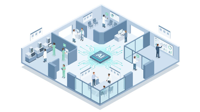 Isometric AI in Healthcare Concept with Doctors Scientists and Professionals Working in Smart Hospital Laboratory and Modern Clinic Office