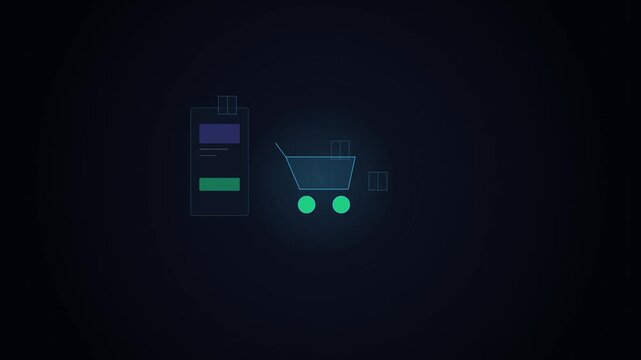 Digital mobile shopping animation linking e-commerce smartphone app and shopping cart