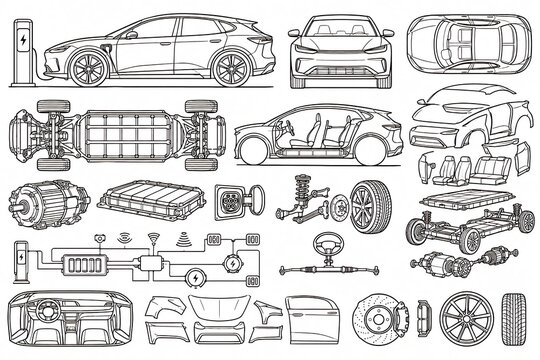 Electric vehicle technical line art set with battery chassis EV charger motor and auto body parts outline illustration.