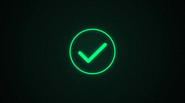 Glowing Green Checkmark Animation Appearing on Digital Grid Background