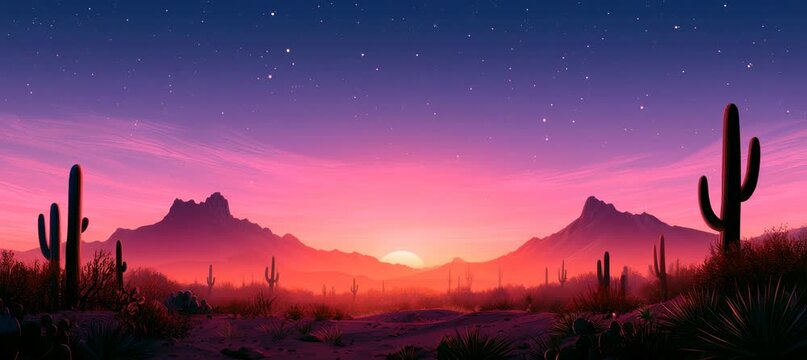Cactus tree at arid desert evening sunset landscape. Generative video AI technology.
