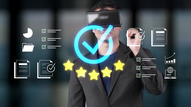 Young businessman experiences virtual reality technology with business documents, charts, and checkmarks in a modern office environment Gluon.