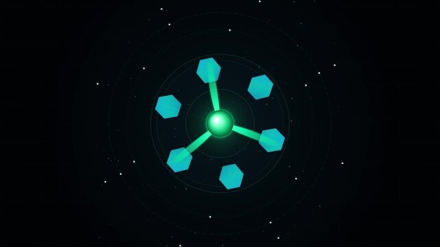 Renewable green energy turbine symbol spinning with connected hexagonal tech nodes