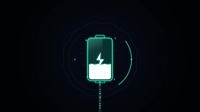 Glowing cyan electric battery charging indicator with fast-charging lightning symbol