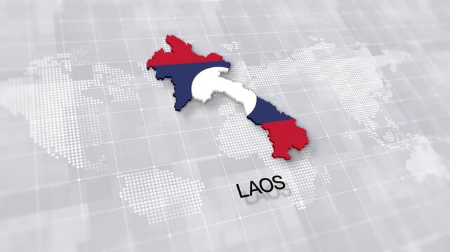 Laos map with national flag on minimal digital world map background, global political, geographic border for international news concept with white background