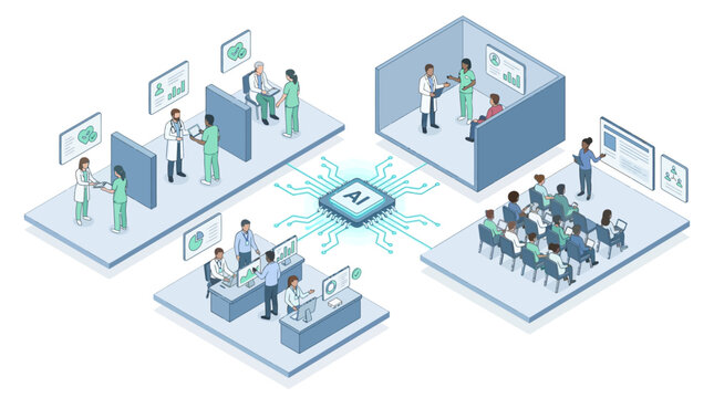 Isometric Artificial Intelligence in Healthcare Concept with Smart Hospital Doctors Medical Staff Training and Data Analytics on Blue Background