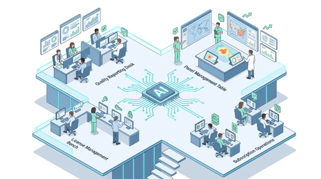 Isometric AI Healthcare Analytics Office with Medical Team Analyzing Clinical Data on Digital Screens and Central Processor
