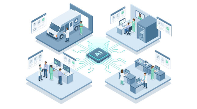 Isometric AI Healthcare System Concept with Smart Hospital Telemedicine Emergency Ambulance and Medical Laboratory Research