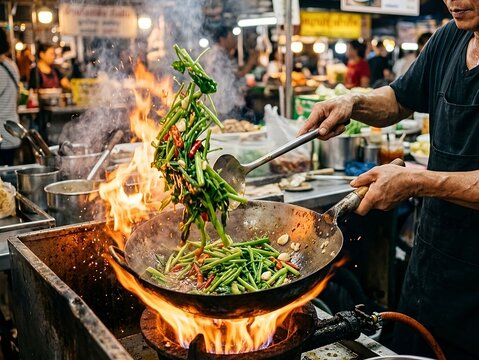 Chef Cooking Stir Fried Morning Glory with Fire in Wok. Pad Pak Boong Fai Daeng. For Thai restaurant advertising, Asian street food promotions, chef and cooking demonstrations, restaurant menu designs