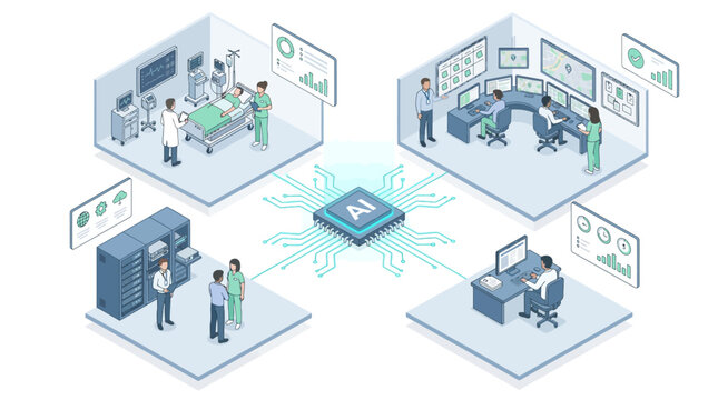 Isometric Smart Healthcare System with Artificial Intelligence Chip Connecting Hospital Patient Room Server Data Center and Operations
