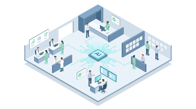 Isometric AI Smart Hospital and Clinic Concept with Medical Staff Doctors and Circuit Network