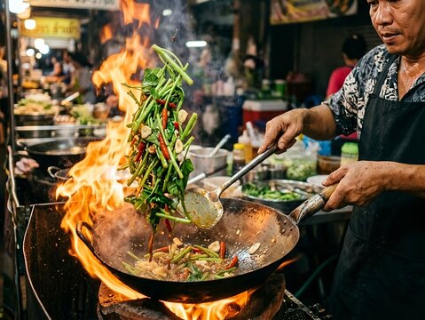 Chef Cooking Stir Fried Morning Glory with Fire in Wok. Pad Pak Boong Fai Daeng. For Thai restaurant advertising, Asian street food promotions, chef and cooking demonstrations, restaurant menu designs