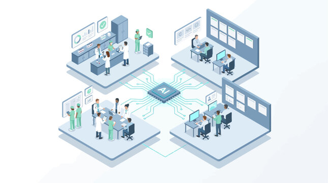 Isometric Smart Hospital and Healthcare System with Artificial Intelligence AI Chip Connecting Medical Laboratory Doctors Meeting and Data Monitoring Center