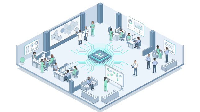 Isometric Artificial Intelligence in Healthcare Concept with Doctors and Researchers Working in Smart Medical Laboratory