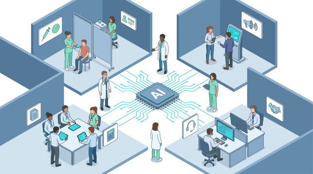Isometric AI in Healthcare Concept with Doctors Medical Staff Clinic Rooms and Central Microchip Technology for Digital Smart Hospital
