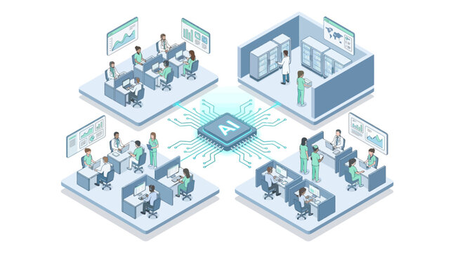 Isometric artificial intelligence in healthcare concept with doctors nurses server room and hospital call center connected to central AI microchip