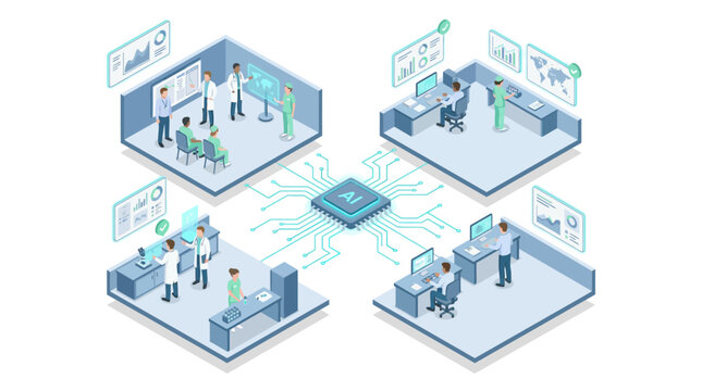 Isometric AI in Healthcare Concept with Smart Hospital Laboratory Doctors and Data Analytics on Microchip Network