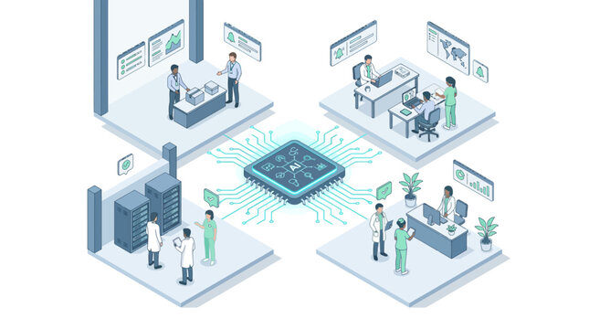 Isometric AI Chip Integration in Business Healthcare Server Room and Logistics Workspace Illustration