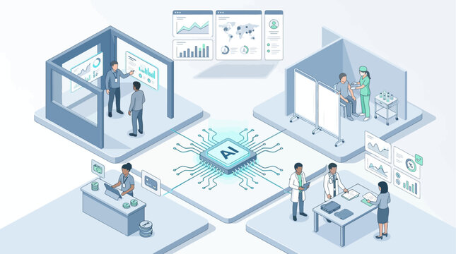 Isometric AI chip connecting healthcare medicine and business analytics digital transformation and artificial intelligence workflow concept illustration