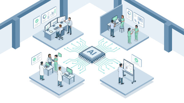 Isometric AI Technology Network with Business Team and Medical Scientists Analyzing Data
