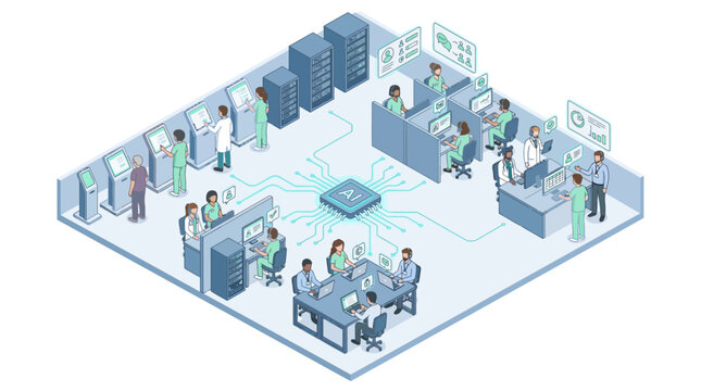 Isometric Medical AI Center with Doctors Healthcare Staff Server Racks Interactive Kiosks and Call Center Cubicles