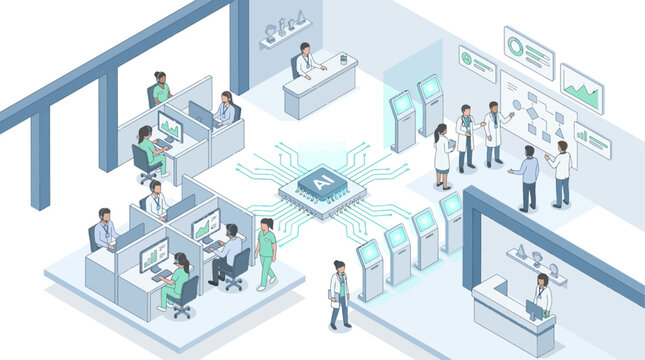 Isometric medical hospital workflow with artificial intelligence microchip, doctors, tele-health call center operators, and digital service kiosks in modern clinical office