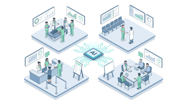 Isometric AI healthcare system integration with doctors, medical staff, patients, operating room, and hospital management dashboards in clean blue line art style