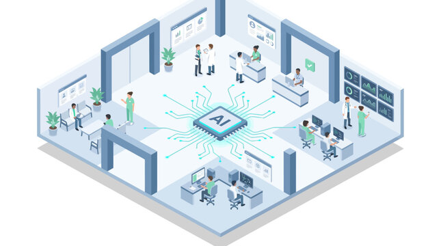 Isometric smart hospital concept with artificial intelligence chip connecting medical staff doctors and digital healthcare systems