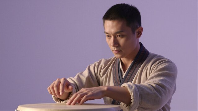 A young man in traditional Chinese attire focuses intently on playing a gǔ drum against a soft purple backdrop.