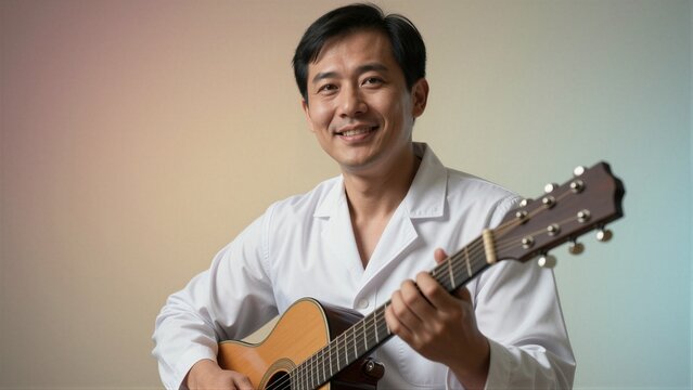 A middle-aged man in a white button-down shirt holds an acoustic guitar with a dark brown headstock and silver tuning pegs, poised to play in a studio setting with a seamless
