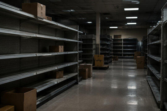 Empty retail shelves with cardboard boxes in closed store, divest and liquidation concept