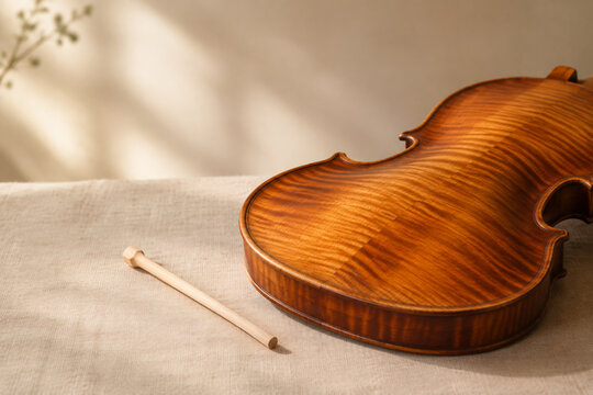 Violin back plate and soundpost on linen, classical music craftsmanship concept