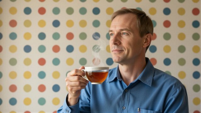 A man savors a steaming cup of amber tea in a tranquil moment amidst a vibrant polka dot wall adorned with a playful grid pattern.
