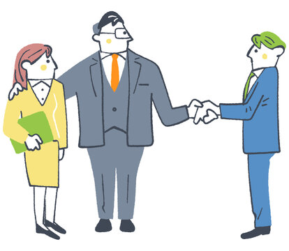 若手社員と握手を交わす上司 チームワークと協力関係でプロジェクトを進める職場 肩越し
