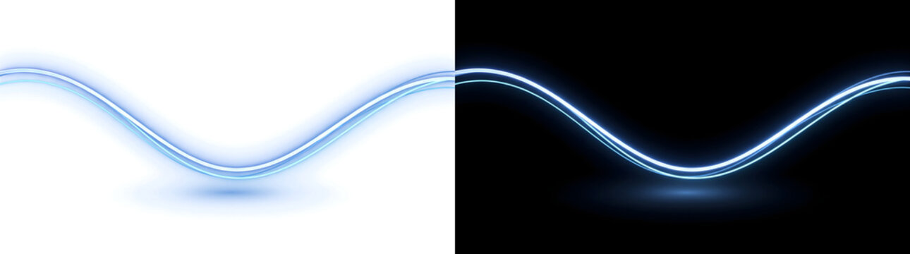 Light streaks glow in bright blue neon sine wave curves with a soft reflective shadow for tech designs in PNG, Transparent and Black Background Versions