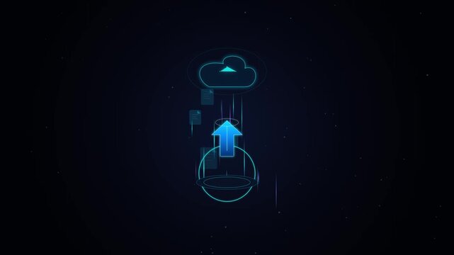 Secure cloud data upload icon with digital files transferring upward to network server