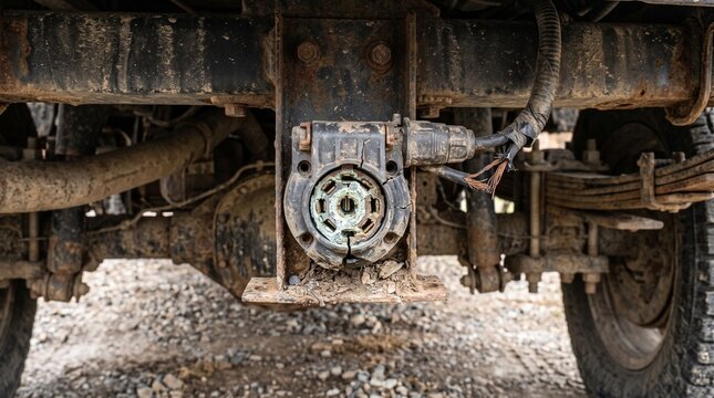 Close up view of a rusty truck trailer hitch receiver on a heavy duty vehicle
