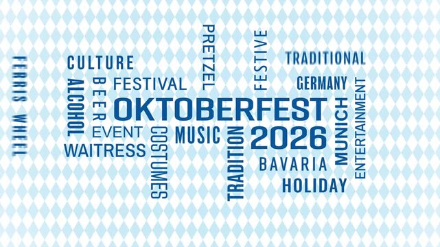 Video animation of a word cloud on the topic of Oktoberfest 2026 in Munich (Germany) - various terms, keywords - seamless loop - business concept.