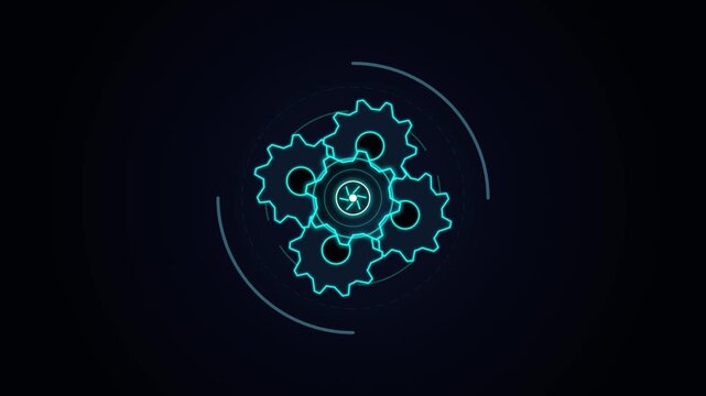 Neon cyan rotating mechanical gear system inside futuristic circular HUD interface