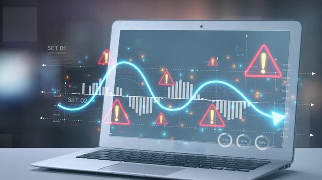 A sleek laptop displays warning alerts and data visualization in a contemporary office. The image embodies technology, data analysis, and alert systems in a modern workspace. Salient
